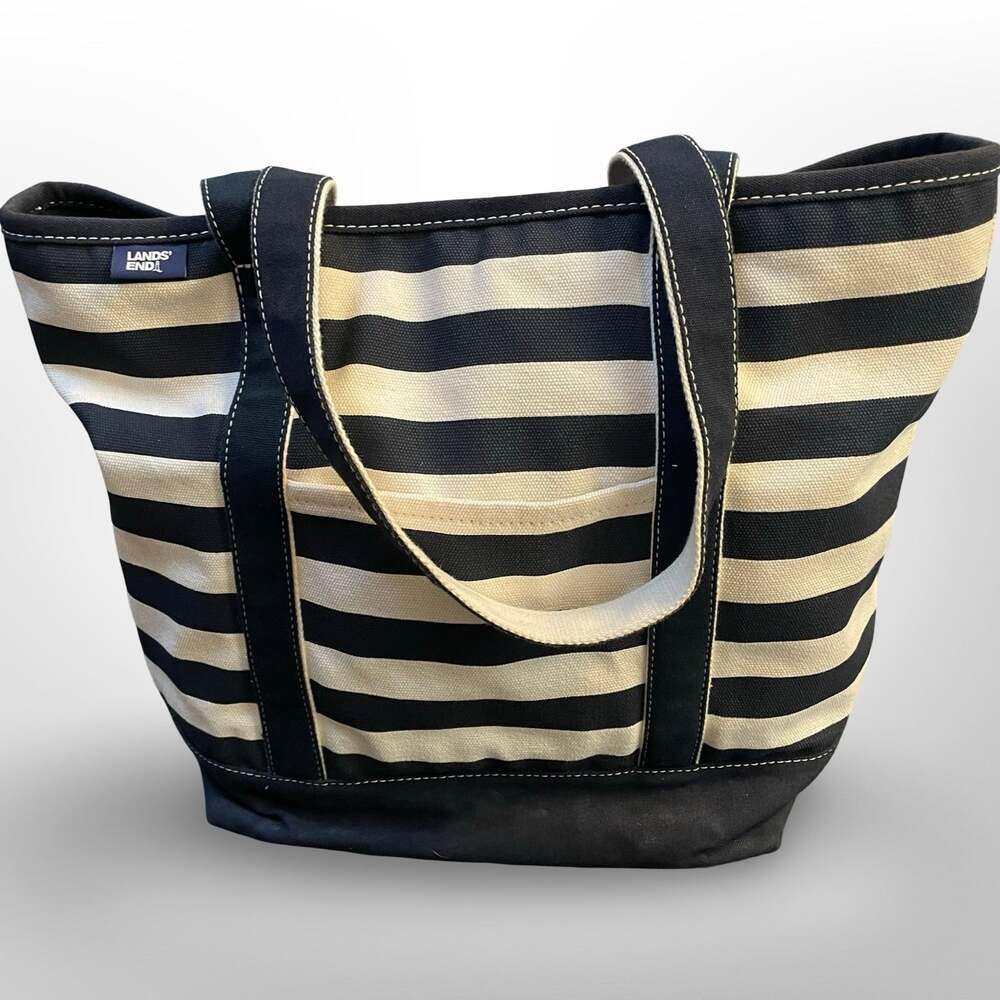 Lands End Canvas Tote Bag Large Extended Zip Top Striped Blue Boat Beach 21"
